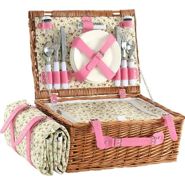 Picnic Basket Set for 4 with Waterproof Picnic Blanket and Insulated Cooler, Large Wicker Picnic Hamper for Camping, Outdoor, Valentine's Day, Birthday