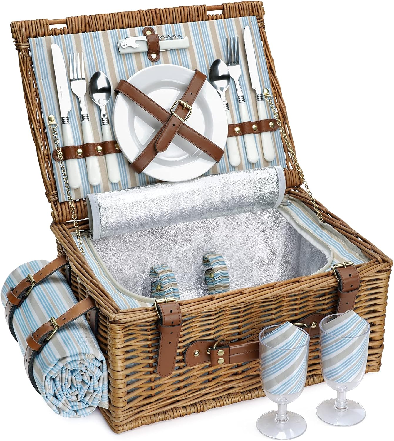 Picnic Basket Set for 2 Persons, Willow Hamper with Large Insulated ...
