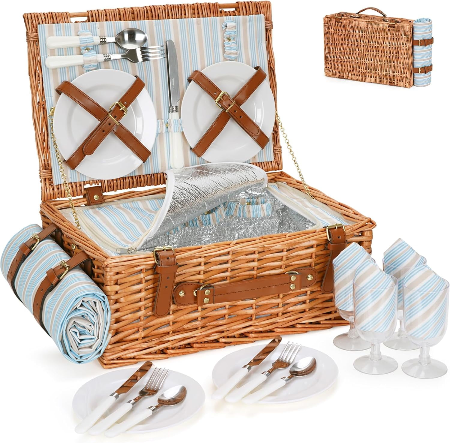 Picnic Basket Set for 4 Persons | Large Hamper with Large Insulated Cooler Compartment, Waterproof Blanket and Cutlery Service Kit-Classical Brown