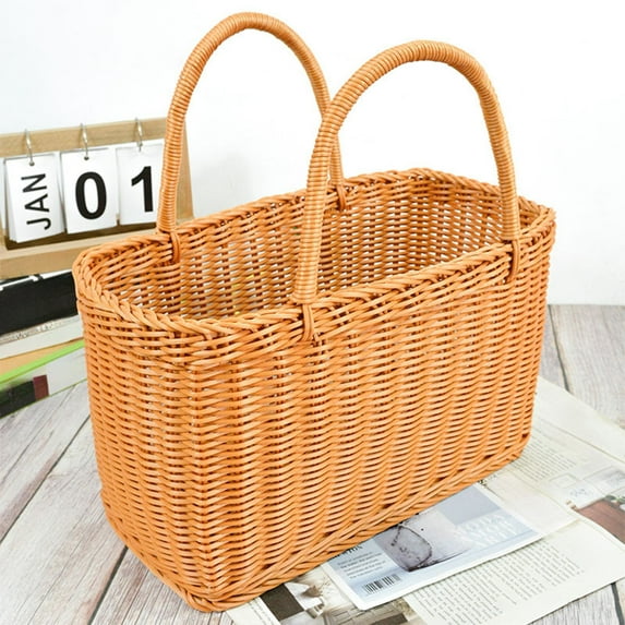 Picnic Basket, Storage Basket with Handles, Woven Organizer for Camping Groceries, Ventilated Foldable Design, Multipurpose Home Outdoor Use