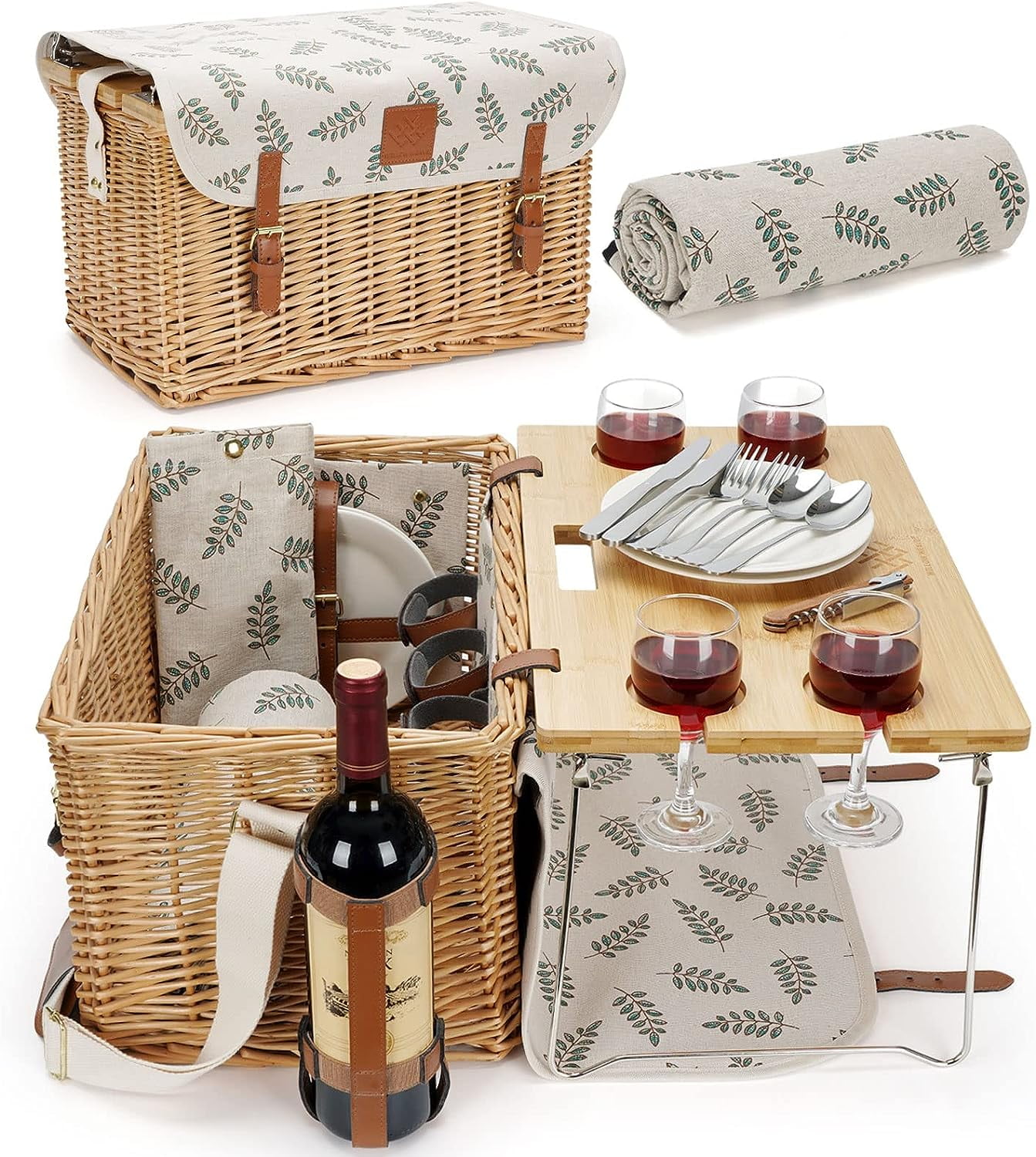 Picnic Basket with Table, Wine Picnic Basket Set 4, Wicker Picnic Basket for 4, Willow Hamper