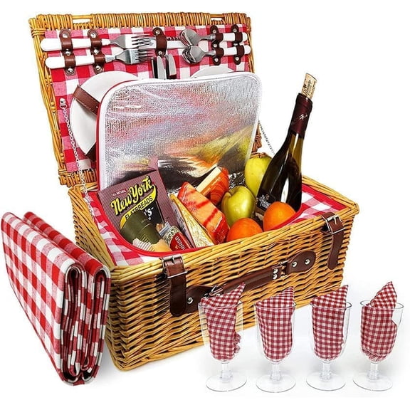 Picnic Basket, Wicker Basket with Handle for Outdoors, Insulated Woven Basket, Includes a Service Kit of Dinnerware & Wine Glasses, Picnic Basket Set for 4 with Blanket, Red & White