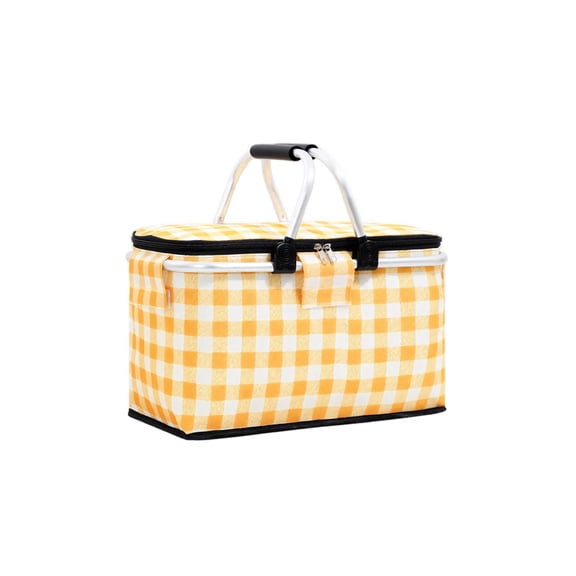 Picnic Basket, Yellow Gingham Oxford Cloth Collapsible Insulated Tote with Carry Handle, 1 Pack Lightweight Reusable Grocery Leisure Bag, for Outdoor Camping Beach Family Picnic Travel Food Storage