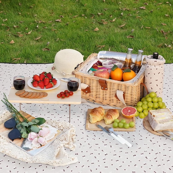 Picnic Basket for 2, Handmade Wicker Picnic Set with Folding Table and Waterproof Blanket