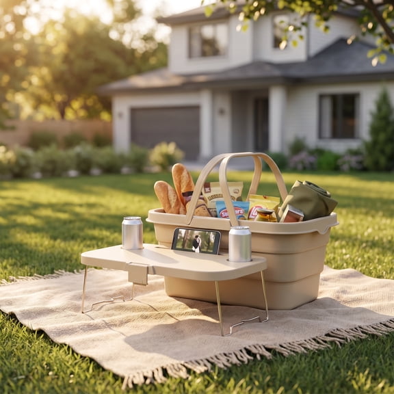 Picnic Basket, Waterproof 15L 2-in-1 PP Cooler with Lid Table, Foldable Food Tray, Phone & Cup Slot - Fall Tailgating & Soccer Game Picnic Gift