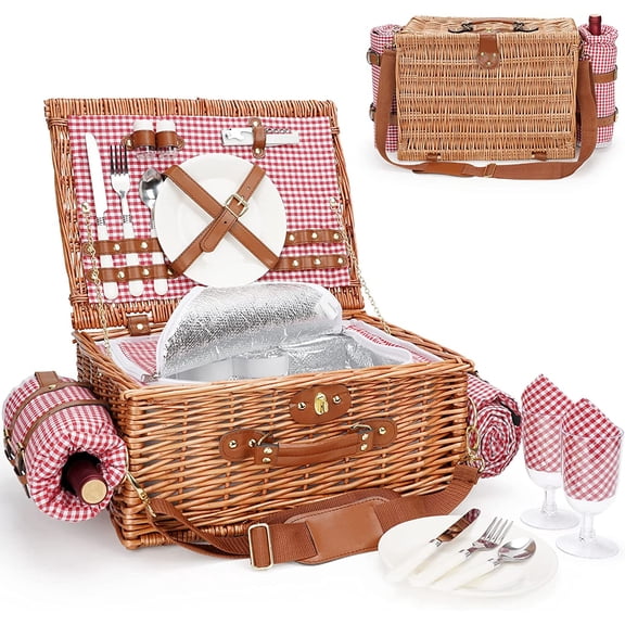 Picnic Baskets for 2, Picnic Basket with Waterproof Blanket, Picnic Basket Set with Washable Beach Mat & Large Insulated Cooler Compartment, Handmade Natural Wicker Hamper for Camping, Outdoor Party