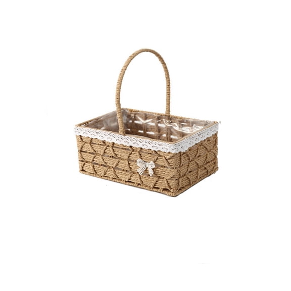 Picnic Baskets Bags, Rural Style Lace Bow Woven Carrying Basket, Handwoven Wicker Picnic Basket with Lace Lining, Natural Rattan Tote with Handles for Outdoor Picnics Bridal Weddings Home Storage