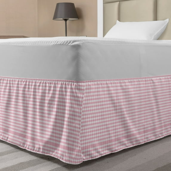 Picnic Bed Skirt, Continuous Gingham Check Simplistic Concept Buffalo Squares Illustration, Elastic Bedskirt Dust Ruffle Wrap Around for Bedding Decor, 4 Sizes, Baby Pink and White, by Ambesonne
