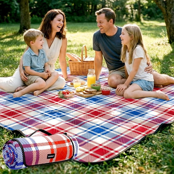 Picnic Blanket, 78" x Large Waterproof Sandproof Beach Foldable Outdoor Blanket Mat for Beach, Camping, Park, Grass, Lawn, Travel (Blue/Red/White)