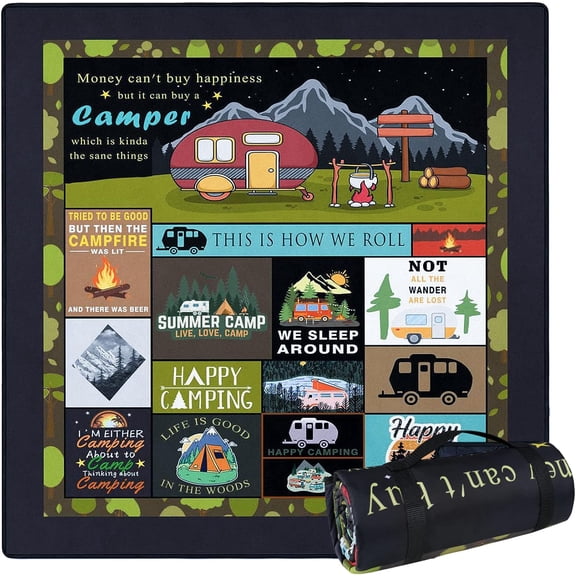 Picnic Blanket Camping Mat for Outdoor Beach Park Grass Lawn Hiking Travel Concert Vacation Print Large Quilted Foldable Waterproof Sandproof (Black, 60"x80")