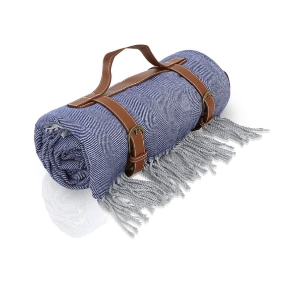 Picnic Blanket Extra Large Waterproof with Strap 59"x79" - Machine Washable Tassels Faux Wool Cashmere for Park, Grass, Camping, Hiking, Concerts