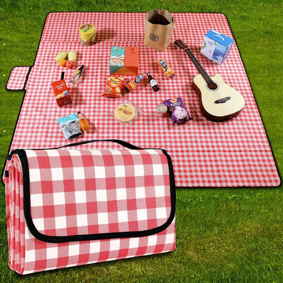 Picnic Blanket Waterproof Beach Rug 79''x79'' Picnic Mat Washable Lightweight with Handle Red Checkered for Hiking Travelling Outdoor Camping,Parks