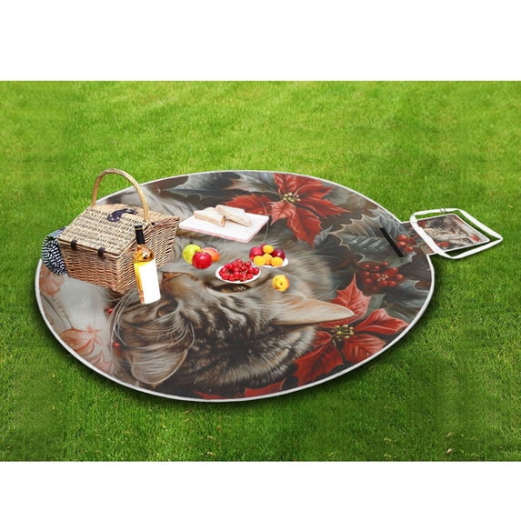 Picnic Blankets Teencool Beach Blanket Creatively Cat with Poinsettias Pattern Outdoor Blanket for Travel
