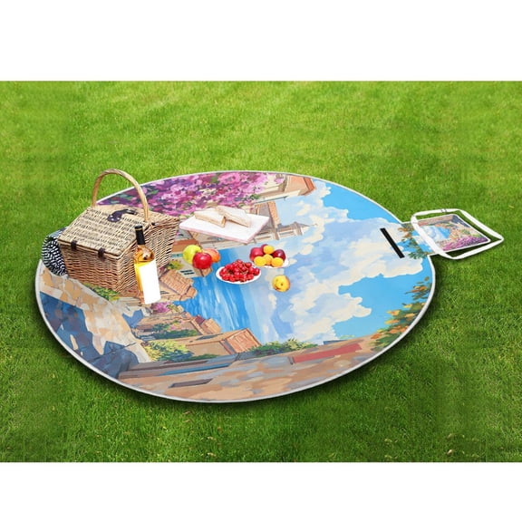 Picnic Blankets Teencool Beach Blanket Creatively Scenic Coastal Village Painting Pattern Outdoor Blanket for Travel
