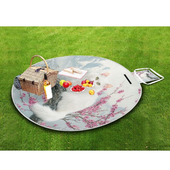 Picnic Blankets Teencool Beach Blanket Creatively White Cat Cherry Blossoms Mountains Pattern Outdoor Blanket for Travel