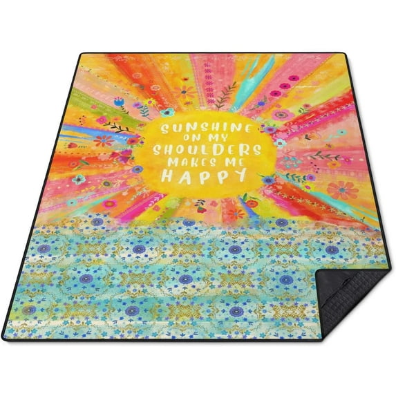 Picnic Blankets Waterproof Foldable Extra Large,80"x 60" Outdoor Beach Blanket Sandproof,3-Layer Lightweight Handy Mat Tote Camping Rugs for Outside Your Rv (Boho Colorful Rainbow Flowers)