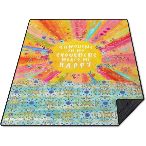 Picnic Blankets Waterproof Foldable Extra Large,80"x 60" Outdoor Beach Blanket Sandproof,3-Layer Lightweight Handy Mat Tote Camping Rugs for Outside Your Rv (Boho Colorful Rainbow Flowers)