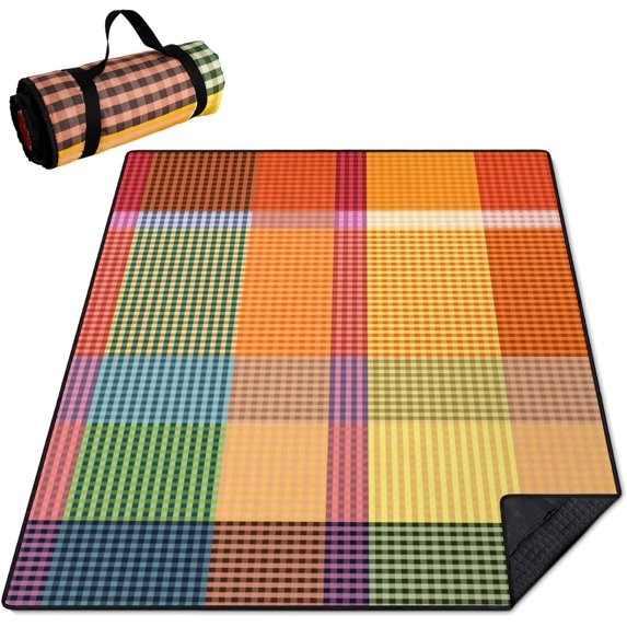 Picnic Blankets Waterproof Foldable Extra Large,80"x 60" Outdoor Beach Blanket Sandproof,3-Layer Lightweight Handy Mat Tote Picnic Camping Rugs for Outside Your Rv(Colorful Checkered)