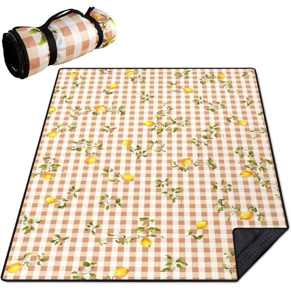 Picnic Blankets Waterproof Foldable Extra Large,80"x 60" Outdoor Beach Blanket Waterproof Sandproof,3-Layer Lightweight Handy Mat Tote Picnic Camping Rugs for Outside Your Rv(Lemon Checkered)