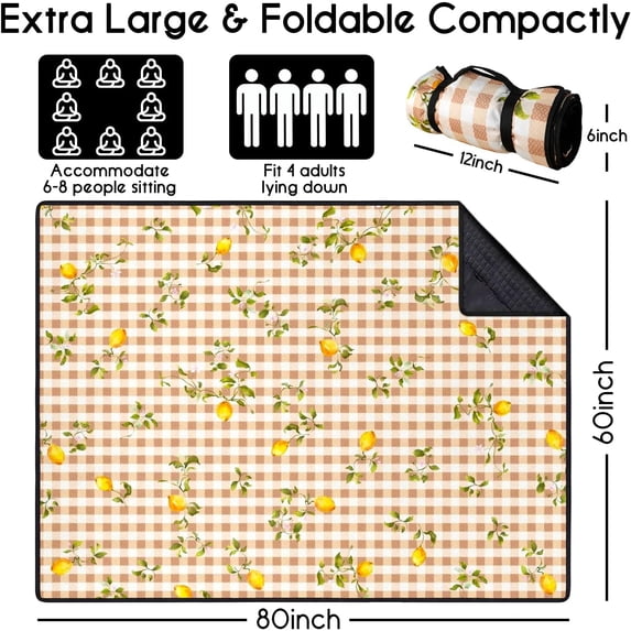 Picnic Blankets Waterproof Foldable Extra Large,80"x 60" Outdoor Beach Blanket Waterproof Sandproof,3-Layer Lightweight Handy Mat Tote Picnic Camping Rugs for Outside Your Rv(Lemon Checkered)