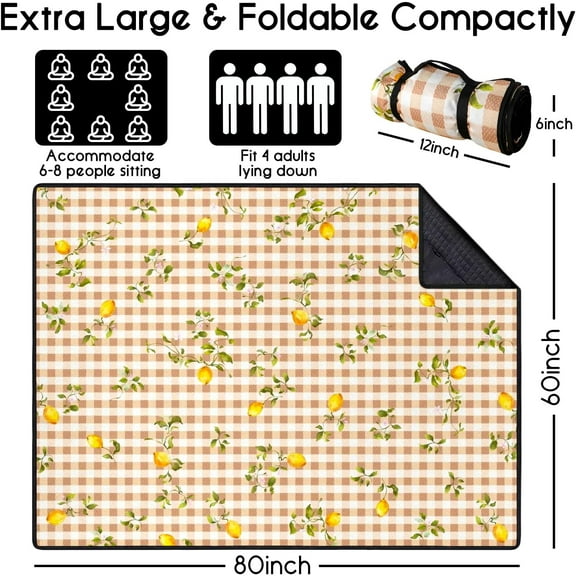 Picnic Blankets Waterproof Foldable Extra Large,80"x 60" Outdoor Beach Blanket Waterproof Sandproof,3-Layer Lightweight Handy Mat Tote Picnic Camping Rugs for Outside Your Rv(Lemon Checkered)