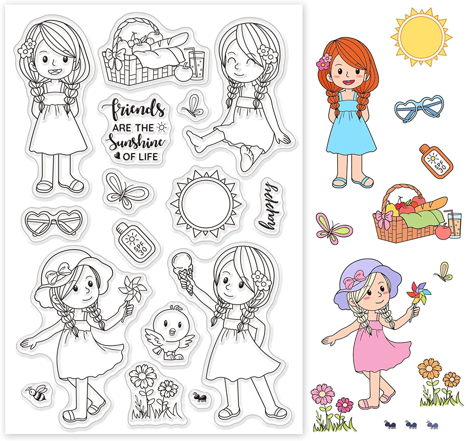 Picnic Clear Stamps Women Flower Sun Butterfly Transparent Rubber Stamps Clear Paper Craft Stamps for Scrapbooking Card Making Summer Decoration Photo Card Album Crafting Supplies for DIY