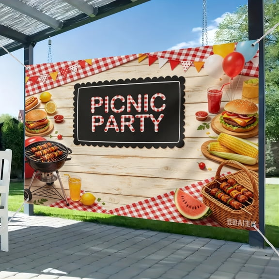 Picnic Party Backdrop BBQ Party Decorations Rustic Wood Red Gingham Photography Background Summer Picnic Birthday Baby Shower Party Photo Booth Banner 51*59IN