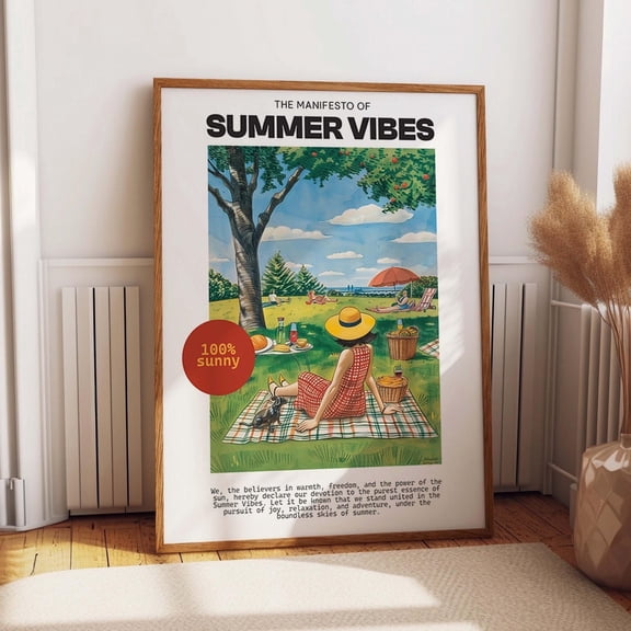 Picnic Print - Sunny Day Artwork Outdoor Relaxation Poster - Summer Picnic Retro Style Wall Art, Modern Wall Decor, 8x12 UNFRAMED