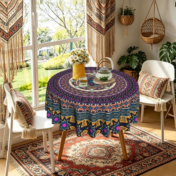 Picnic Season Layered Mandala Multicolor 2D Print Round Tablecloth, 35/49/60/71 Inch, Polyester Cover for Kitchen Dining Picnic Garden Parties, Summer Home Decor Thanksgiving Gift
