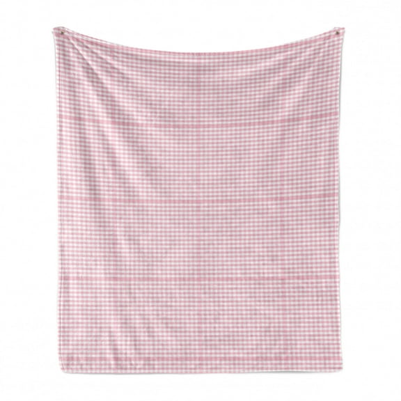 Picnic Soft Flannel Fleece Throw Blanket, Continuous Gingham Check Simplistic Concept Buffalo Squares Illustration, Cozy Plush for Indoor and Outdoor Use, 60" x 80", Baby Pink and White, by Ambesonne