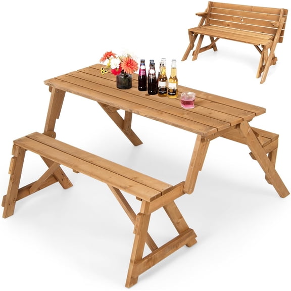 Picnic Table, 2 in 1 Convertible Picnic Bench Table Set, Transforming Interchangeable Wooden Picnic Table with Umbrella Hole, Collapsible Outdoor Patio Dining Table Garden Bench