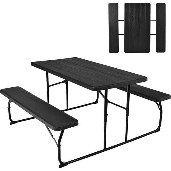 Picnic Table, 550 LBS Folding Picnic Tables with Benches & Seats, Weather-Resistant Easy Setup Portable Picnic Table, Wood-Like Foldable Picnic Tables for Outdoors Patio Deck Party BBQ (Black)