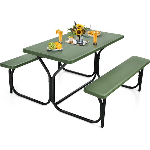 Picnic Table Bench Set, 59 Expanded Rectangular Picnic Table, Outdoor Table and Bench W/Steel Frame & Wood-Like Texture Tabletop, Camping Table Chair Set for Garden Patio Lawn Deck (Green)