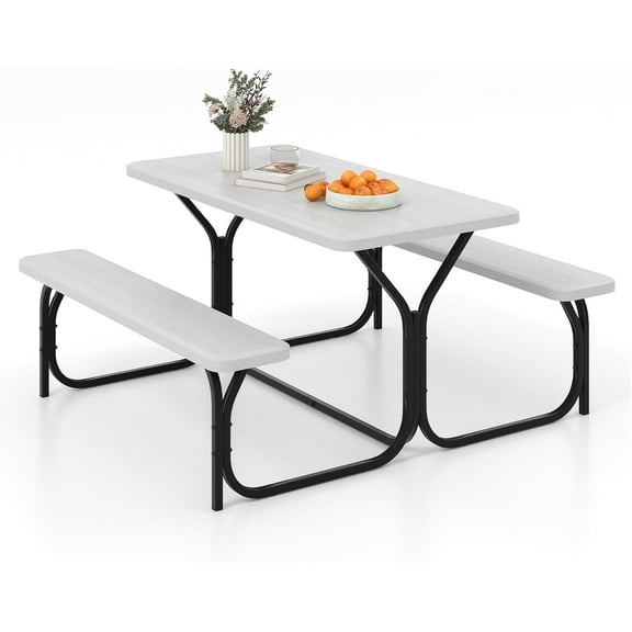 Picnic Table Bench Set, 59 Expanded Rectangular Picnic Table, Outdoor Table and Bench W/Steel Frame & Wood-Like Texture Tabletop, Camping Table Chair Set for Garden Patio Lawn Deck (White)