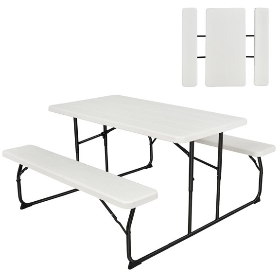 Picnic Table with Benches, 550 LBS Capacity Folding Picnic Table Set, Weather-Resistant Portable Outdoor Table, Wood-Like HDPE Table for Patio, Deck, Garden, Camping, BBQ, Party, White
