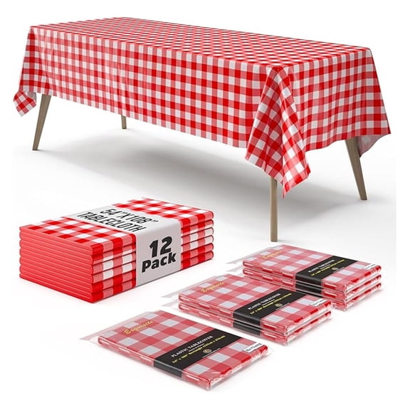 Picnic Table Cover - 12 Pack Premium Rectangle Plastic Tablecloth - Red & White Checkered BBQ Table Cover - Gingham Checkerboard Disposable Tablecloth 54" x 108" Rectangle