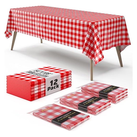 Picnic Table Cover - 12 Pack Premium Rectangle Plastic Tablecloth - Red & White Checkered BBQ Table Cover - Gingham Checkerboard Disposable Tablecloth 54" x 108" Rectangle