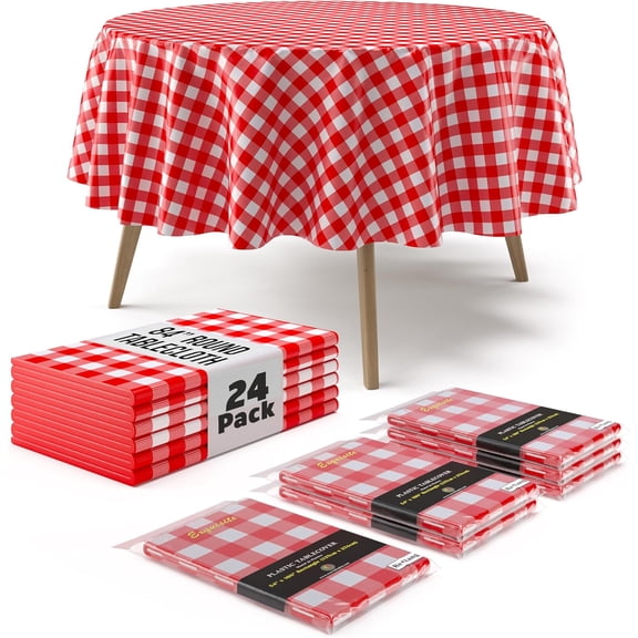 Picnic Table Cover - 24 Pack Premium Round Plastic Tablecloth - Red & White Checkered BBQ Plastic Table Cover - Gingham Checkerboard Disposable Plastic Tablecloth 84 inch. Round