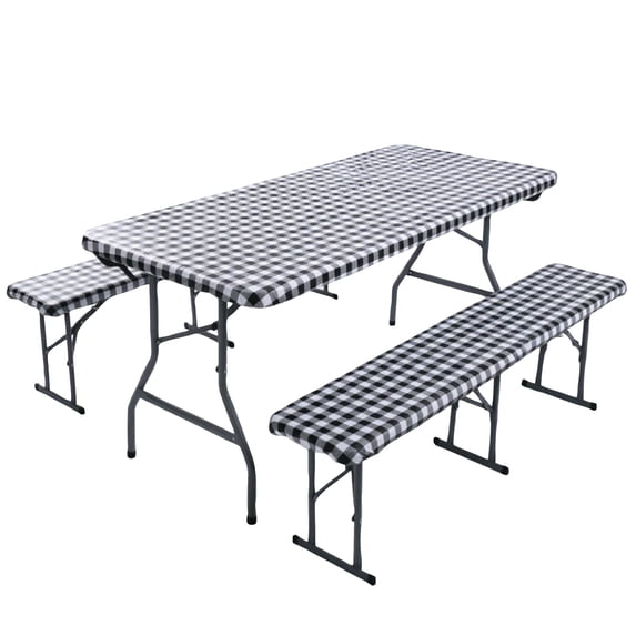 Picnic Table Cover 3-Piece Set Waterproof Stain Resistant Elastic Tablecloth with Bench Covers for Outdoor Patio Camping and Dining