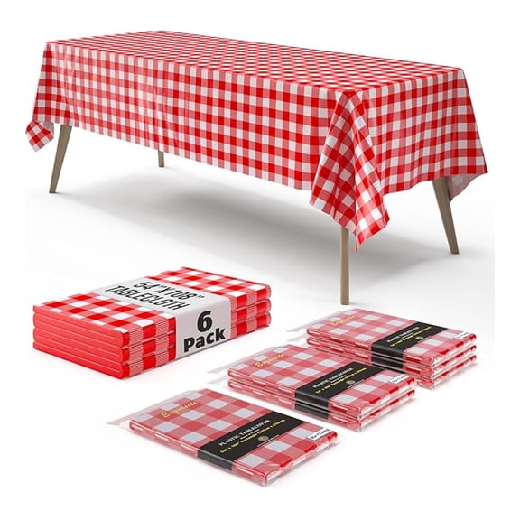 Picnic Table Cover - 6 Pack Premium Rectangle Plastic Tablecloth - Red & White Checkered BBQ Table Cover - Gingham Checkerboard Disposable Tablecloth 54" x 108" Rectangle