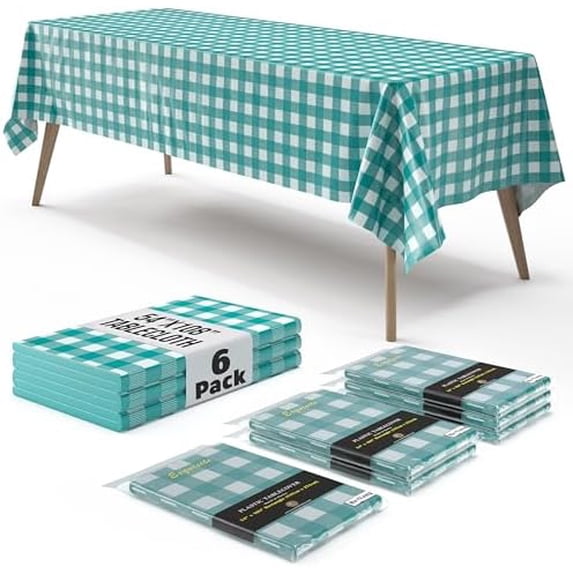 Picnic Table Cover - 6 Pack Premium Rectangle Plastic Tablecloth - Teal & White Checkered BBQ Table Cover - Gingham Checkerboard Disposable Plastic Tablecloth 54" x 108" Rectangle