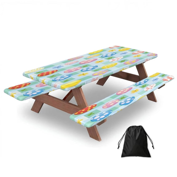 Picnic Table Cover And Bench Covers 72in Water Resistant Elastic Edge Set For Camping Bbq Outdoor Parties With Storage Bag Easter Day Stripe