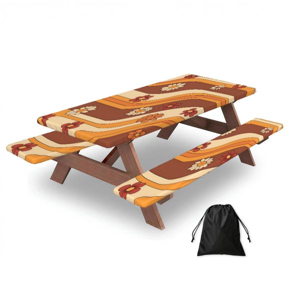 Picnic Table Cover And Bench Covers 72in Water Resistant Elastic Edge Set For Camping Bbq Outdoor Parties With Storage Bag Groovy Flowers (13)
