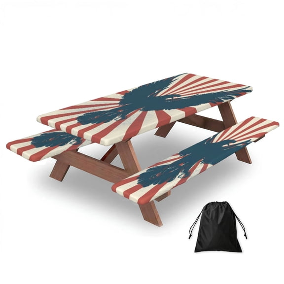Picnic Table Cover And Bench Covers 72in Water Resistant Elastic Edge Set For Camping Bbq Outdoor Parties With Storage Bag Independence Day Eagle