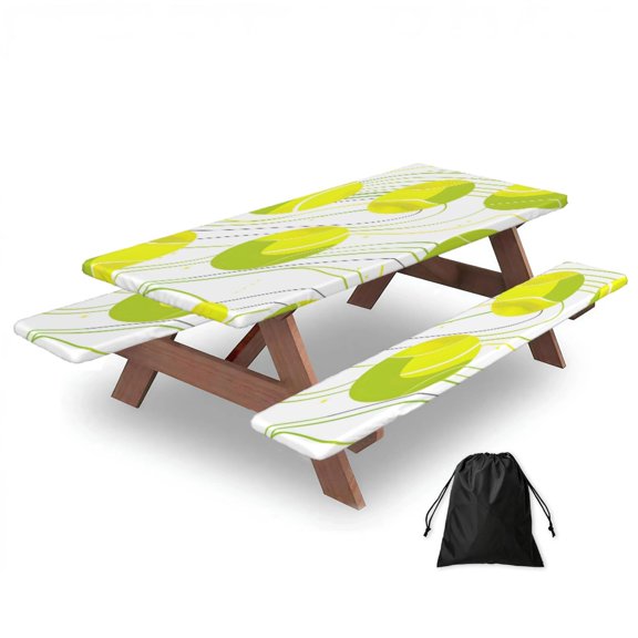 Picnic Table Cover And Bench Covers 72in Water Resistant Elastic Edge Set For Camping Bbq Outdoor Parties With Storage Bag Tennis Theme