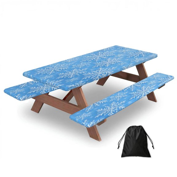 Picnic Table Cover And Bench Covers 72in Water Resistant Elastic Edge Set For Camping Bbq Outdoor Parties With Storage Bag Winter Snowflake Pattern