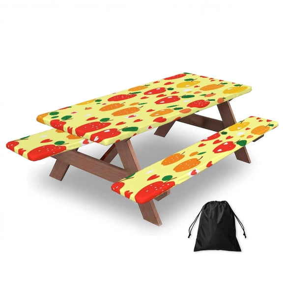 Picnic Table Cover And Bench Covers 72in Water Resistant Elastic Edge Set For Camping Bbq Outdoor Parties With Storage Bag Yellow And Red Apples