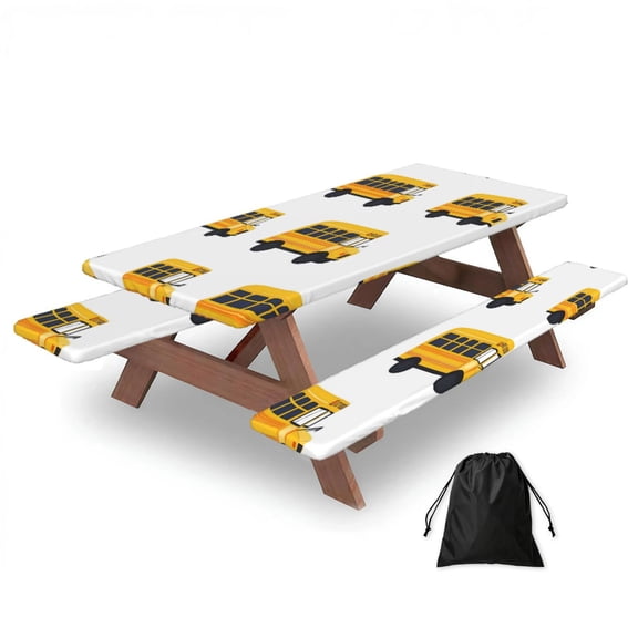 Picnic Table Cover And Bench Covers 72in Water Resistant Elastic Edge Set For Camping Bbq Outdoor Parties With Storage Bag Yellow Bus