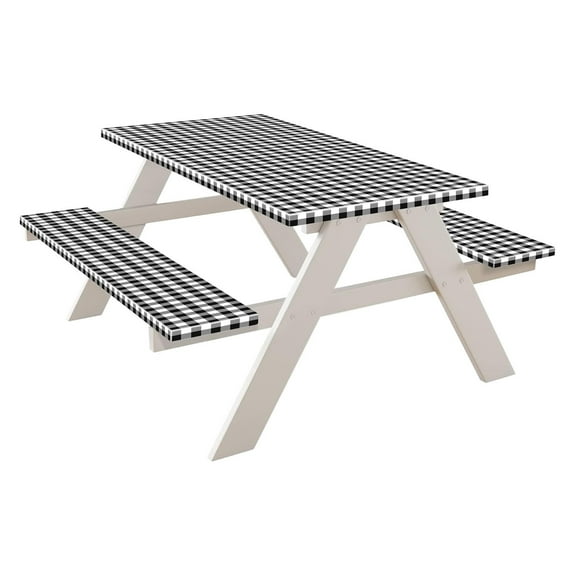 Picnic Table Cover with Bench Covers 3-Piece Set,Outdoor Courtyard Waterproof Table Cover Three Piece Set Picnic Vinyl Picnic Table and Bench Fitted Tablecloth Cover Black-White for Outdoor BBQ
