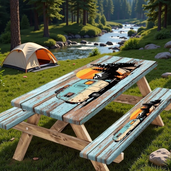 Picnic Table Cover with Bench Covers, 30x72 inch Waterproof Outdoor Camping RV Essentials Fitted Picnic Rectangle Table Cloth, Teal Brown Wood Texture Fitted Picnic Tablecloth with Elastic